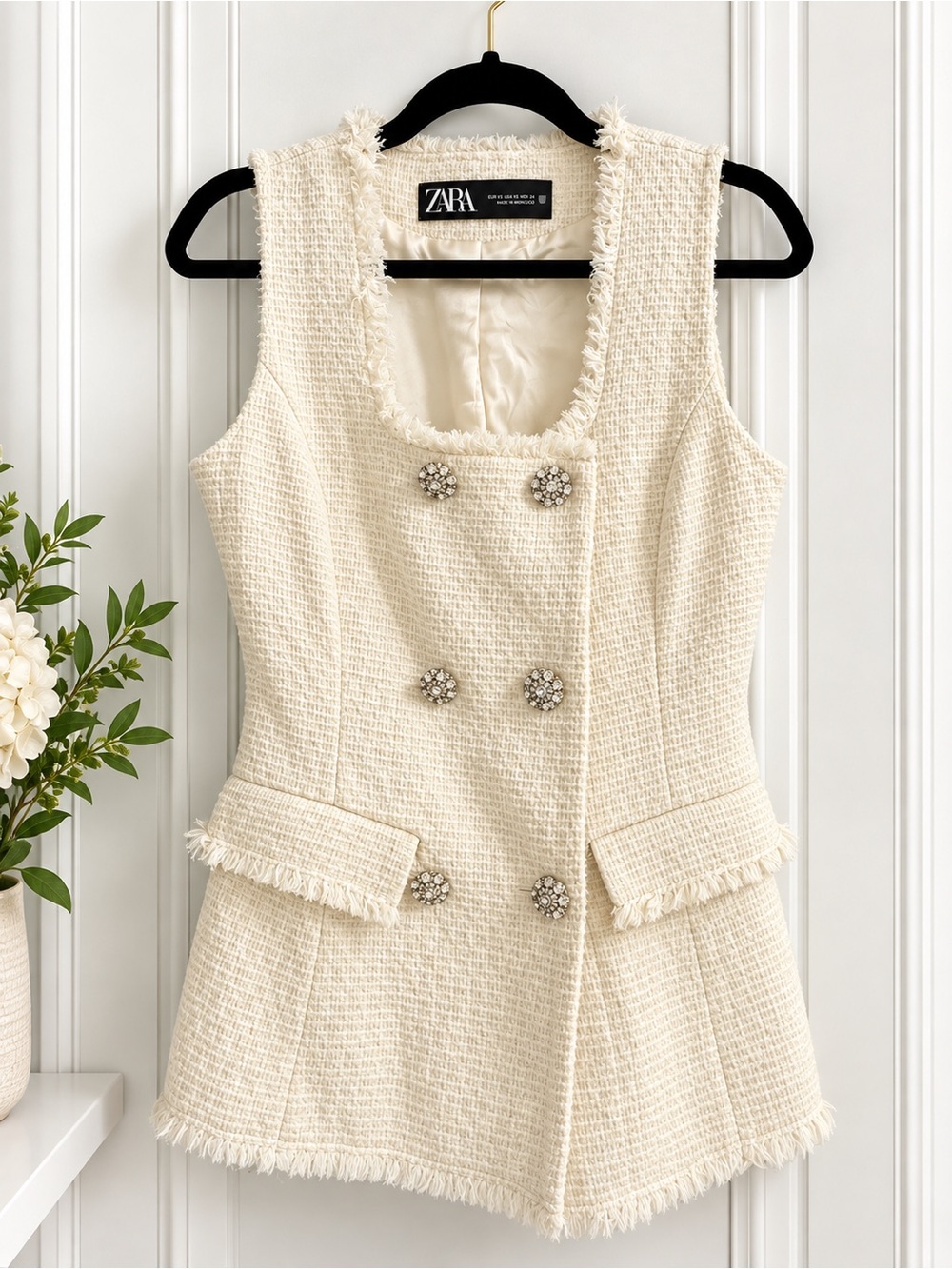 ZARA Ivory Tweed Rhinestone Button Vest XS
